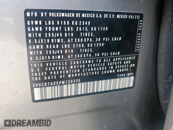 2023 Volkswagen Tiguan SE R-Line Black with VIN 3VVCB7AX5PM128335, listed as a Copart auction lot 56128305 with 21,524 mi miles and Salvage title. Bid and sale history available at DreamBid. Image 14.