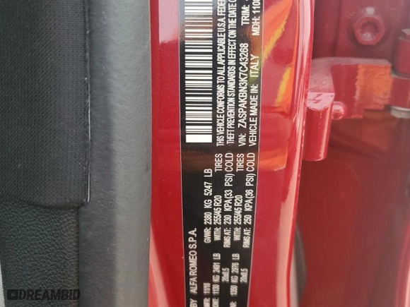 2019 Alfa Romeo Stelvio Ti Sport with VIN ZASPAKBN3K7C43268, listed as a Copart auction lot 49808585 with 0 mi miles and Salvage Title. Bid and sale history available at carsss.com. Image 12.