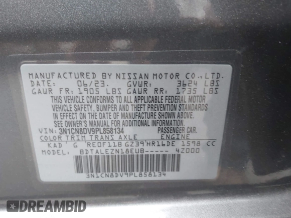 2023 Nissan Versa S with VIN 3N1CN8DV9PL858134, listed as a IAAI auction lot 42459317 with 6,738 mi miles and . Bid and sale history available at DreamBid. Image 9.