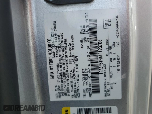 2018 Ford Mustang EcoBoost with VIN 1FA6P8TH6J5123706, listed as a Copart auction lot 56093095 with 60,199 mi miles and Salvage title. Bid and sale history available at DreamBid. Image 13.