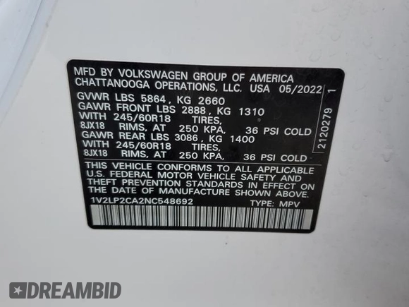 2022 Volkswagen Atlas SE z VIN 1V2LP2CA2NC548692, wystawiony jako Copart lot #87404904 z przebiegiem 42 008 mil mil oraz Czysty tytuł • Clean title. Historia ofert i sprzedaży dostępna na DreamBid. Obrazek 16.