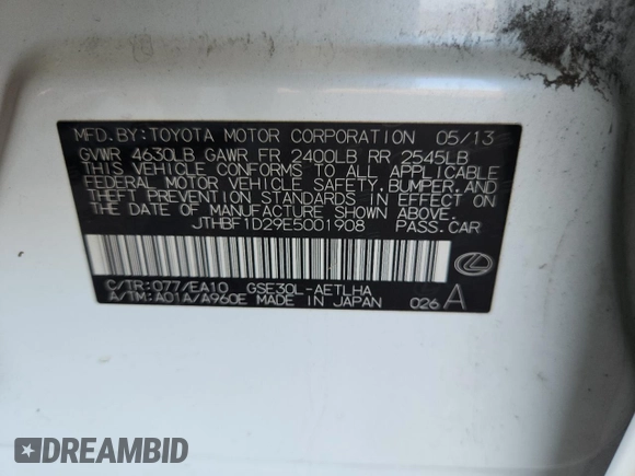 2014 Lexus IS 250 with VIN JTHBF1D29E5001908, listed as a Copart auction lot 63916575 with 225,674 mi miles and Salvage title. Bid and sale history available at DreamBid. Image 12.