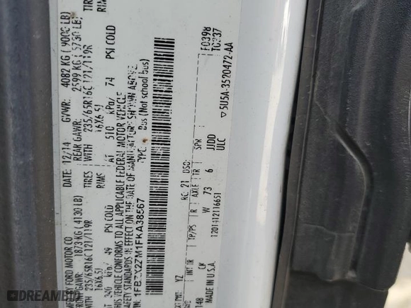 2015 Ford Transit Wagon XL with VIN 1FBZX2ZM1FKA38567, listed as a Copart auction lot 50568705 with 128,073 mi miles and Clean Title. Bid and sale history available at carsss.com. Image 13.