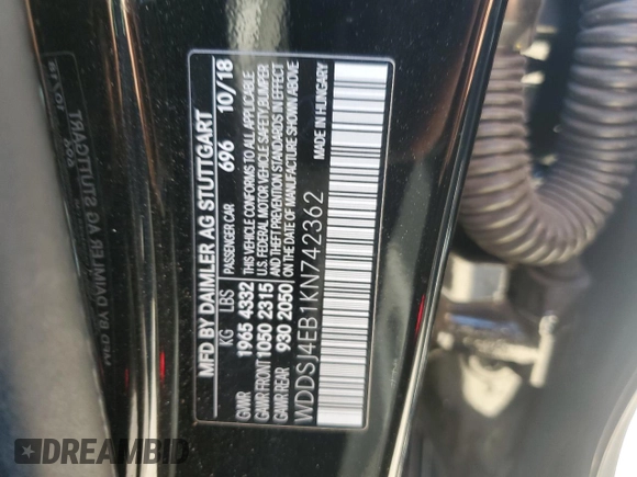 2019 Mercedes-Benz CLA 250 z VIN WDDSJ4EB1KN742362, wystawiony jako Copart lot #52412945 z przebiegiem 52 419 mil mil oraz Szkoda całkowita • Salvage title. Historia ofert i sprzedaży dostępna na DreamBid. Obrazek 12.