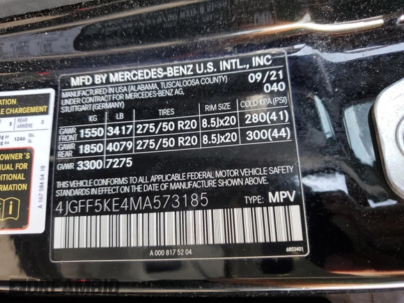 2021 Mercedes-Benz GLS with VIN 4JGFF5KE4MA573185, listed as a Copart auction lot 50042295 with 43,226 mi miles and Salvage Title. Bid and sale history available at carsss.com. Image 13.