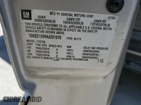 2004 GMC Yukon SLT with VIN 1GKEC13V94J331979, listed as a Copart auction lot 52487075 with 249,779 mi miles and Salvage Title. Bid and sale history available at carsss.com. Image 13.