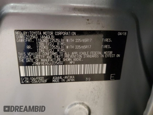 2018 Toyota RAV4 LE with VIN JTMBFREV6JJ225650, listed as a Copart auction lot 62058125 with Not provided miles and Salvage title. Bid and sale history available at DreamBid. Image 13.