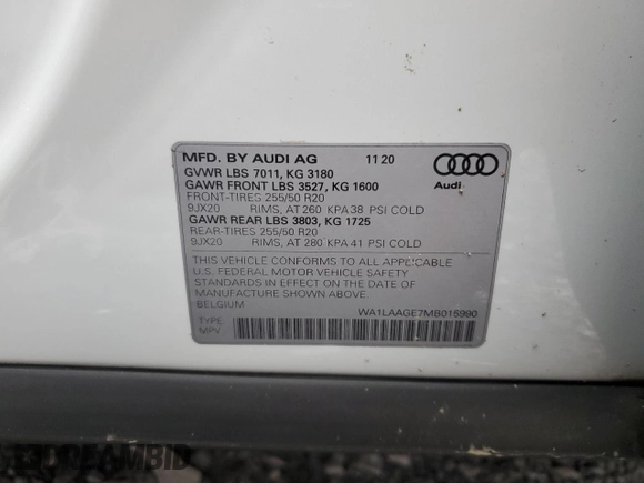 2021 Audi e-tron Premium Plus with VIN WA1LAAGE7MB015990, listed as a Copart auction lot 85205754 with 37,070 mi miles and Salvage Title. Bid and sale history available at DreamBid. Image 12.