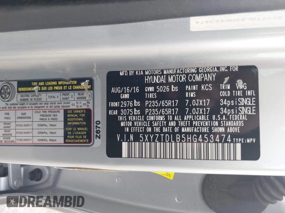 2017 Hyundai Santa Fe 2.4L with VIN 5XYZTDLB5HG453474, listed as a IAAI auction lot 42191590 with 167,590 mi miles and . Bid and sale history available at DreamBid. Image 9.