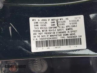 2013 Honda Accord Sdn EX-L with VIN 1HGCR2F82DA086652, listed as a IAAI auction lot 41757842 with 104,999 mi miles. Bid and sale history available at carsss.com. Image 9.