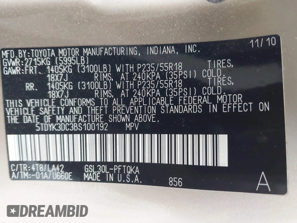 2011 Toyota Sienna XLE AAS with VIN 5TDYK3DC3BS100192, listed as a IAAI auction lot 41874537 with 190,631 mi miles and . Bid and sale history available at DreamBid. Image 9.