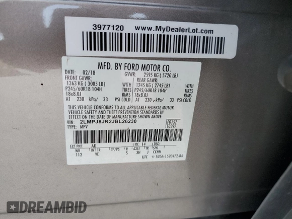 2018 Lincoln MKX Premiere z VIN 2LMPJ8JR2JBL26230, wystawiony jako Copart lot #76419304 z przebiegiem Nie podano mil oraz Nie do naprawy • Non repairable. Historia ofert i sprzedaży dostępna na DreamBid. Obrazek 14.
