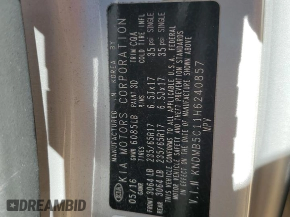 2017 Kia Sedona LX with VIN KNDMB5C11H6240857, listed as a Copart auction lot 50376625 with 218,161 mi miles and Salvage Title. Bid and sale history available at DreamBid. Image 14.