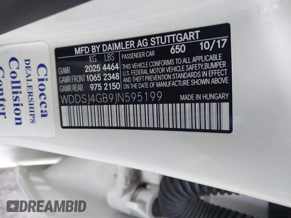 2018 Mercedes-Benz CLA 250 with VIN WDDSJ4GB9JN595199, listed as a IAAI auction lot 41532648 with 58,581 mi miles and . Bid and sale history available at DreamBid. Image 9.