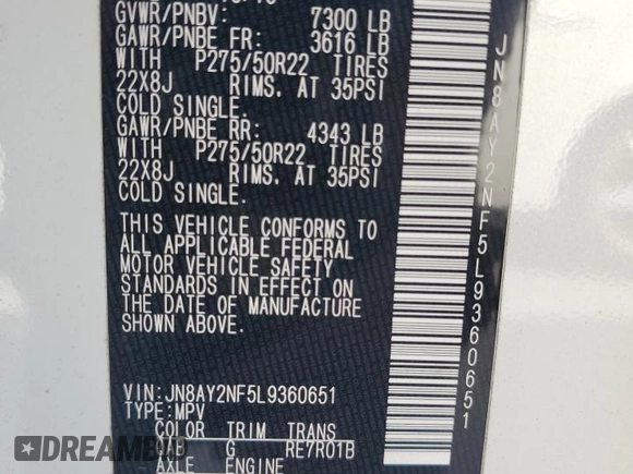 2020 Nissan Armada Platinum with VIN JN8AY2NF5L9360651, listed as a Copart auction lot 80011224 with 28,093 mi miles and Salvage Title. Bid and sale history available at carsss.com. Image 13.