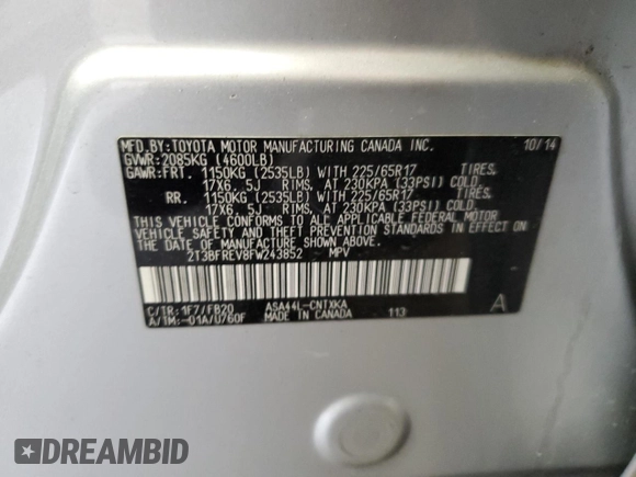 2015 Toyota RAV4 LE with VIN 2T3BFREV8FW243852, listed as a Copart auction lot 52396805 with 83,392 mi miles and Salvage title. Bid and sale history available at DreamBid. Image 15.