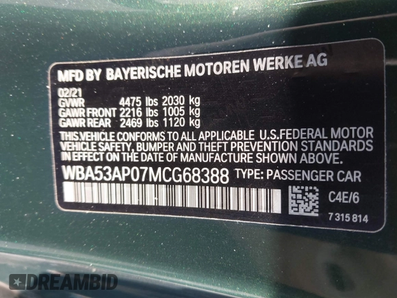 2021 BMW 4 Series 430i with VIN WBA53AP07MCG68388, listed as a IAAI auction lot 42198914 with 14,024 mi miles and . Bid and sale history available at DreamBid. Image 9.