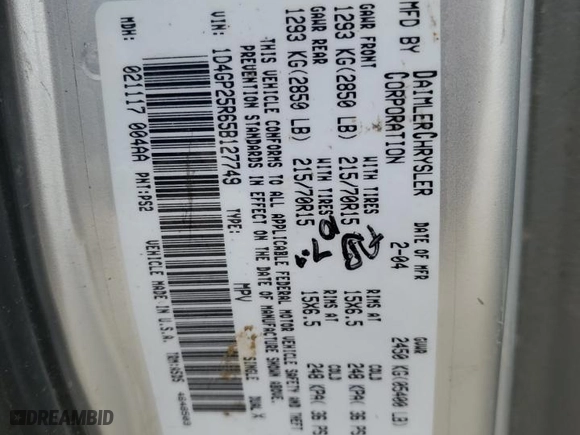 2005 Dodge Caravan SE with VIN 1D4GP25R65B127749, listed as a Copart auction lot 68099104 with 0 mi miles and Salvage Title. Bid and sale history available at carsss.com. Image 14.