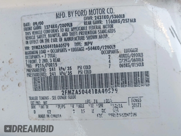 2001 Ford Windstar LX with VIN 2FMZA50441BA40579, listed as a IAAI auction lot 42145855 with Not Provided miles and . Bid and sale history available at carsss.com. Image 9.