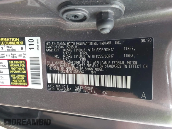 2020 Toyota Sienna LE Auto Access Seat with VIN 5TDKZ3DC6LS083567, listed as a IAAI auction lot 42401163 with 82,266 mi miles and . Bid and sale history available at DreamBid. Image 9.