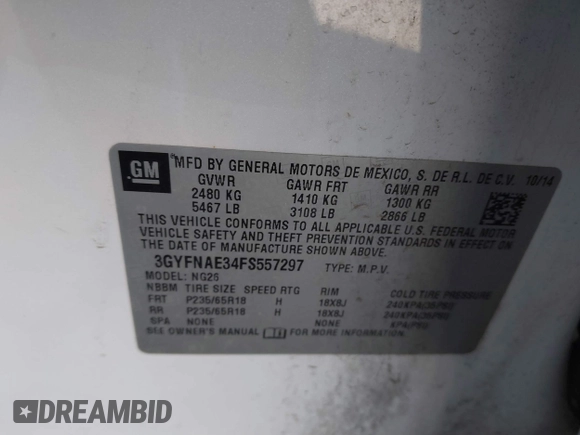 2015 Cadillac SRX with VIN 3GYFNAE34FS557297, listed as a IAAI auction lot 41388573 with 124,185 mi miles and . Bid and sale history available at DreamBid. Image 9.