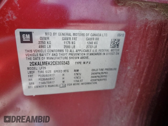 2012 GMC Terrain SLE-1 with VIN 2GKALMEK2C6369343, listed as a Copart auction lot 61942145 with 117,958 mi miles and Salvage title. Bid and sale history available at DreamBid. Image 14.