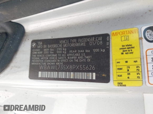 2008 BMW 3 Series 335i with VIN WBAWL735X8PX55626, listed as a IAAI auction lot 42068735 with Not provided miles and . Bid and sale history available at DreamBid. Image 9.