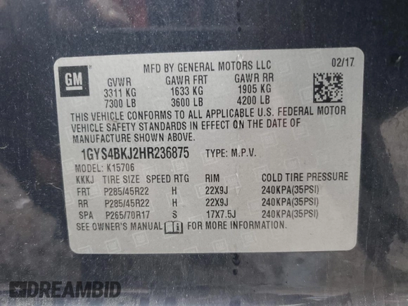 2017 Cadillac Escalade Luxury with VIN 1GYS4BKJ2HR236875, listed as a Copart auction lot 52328095 with 103,335 mi miles and Salvage title. Bid and sale history available at DreamBid. Image 13.