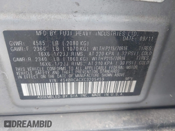 2012 Subaru Outback 2.5i with VIN 4S4BRCACXC3205459, listed as a IAAI auction lot 42643728 with 170,069 mi miles and . Bid and sale history available at DreamBid. Image 9.