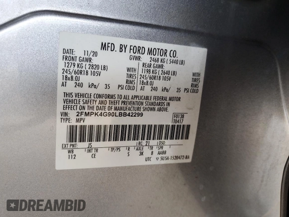 2020 Ford Edge SE with VIN 2FMPK4G90LBB42299, listed as a Copart auction lot 60375135 with 83,328 mi miles and Salvage title. Bid and sale history available at DreamBid. Image 12.