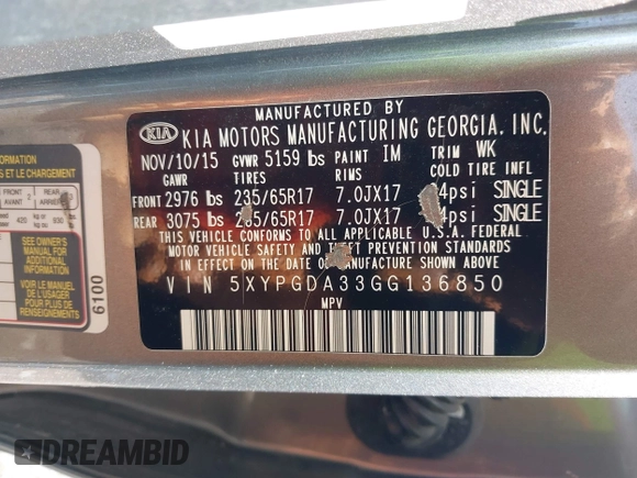 2016 Kia Sorento LX with VIN 5XYPGDA33GG136850, listed as a IAAI auction lot 42030317 with 120,798 mi miles and . Bid and sale history available at DreamBid. Image 9.