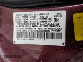 2008 Honda Odyssey LX with VIN 5FNRL38258B080964, listed as a Copart auction lot 59221895 with 168,359 mi miles and Salvage title. Bid and sale history available at DreamBid. Image 13.