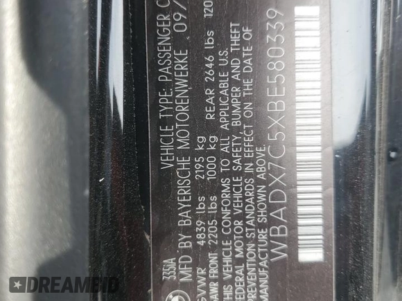 2011 BMW 3 Series 335i with VIN WBADX7C5XBE580339, listed as a Copart auction lot 50135125 with Not Provided miles and Salvage Title. Bid and sale history available at carsss.com. Image 12.