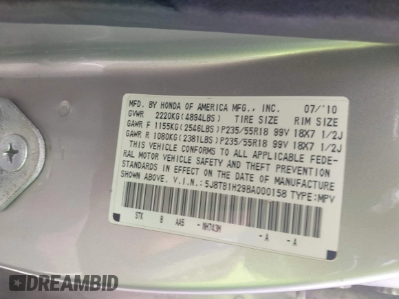 2011 Acura RDX with VIN 5J8TB1H29BA000158, listed as a IAAI auction lot 42433870 with 196,666 mi miles and . Bid and sale history available at DreamBid. Image 9.