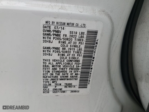 2015 Infiniti QX70 with VIN JN8CS1MW6FM480790, listed as a Copart auction lot 70639533 with 73,040 mi miles. Bid and sale history available at carsss.com. Image 13.