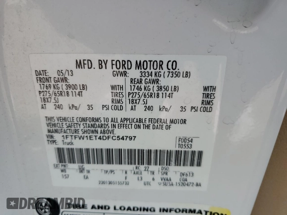 2013 Ford F-150 XL with VIN 1FTFW1ET4DFC54797, listed as a Copart auction lot 59902635 with 168,290 mi miles and Salvage title. Bid and sale history available at DreamBid. Image 12.