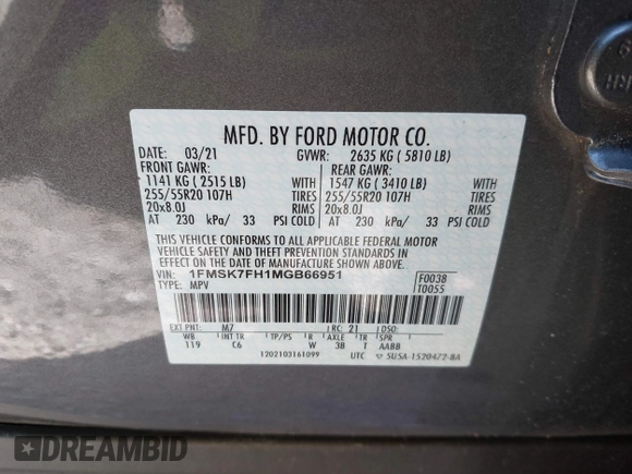 2021 Ford Explorer Limited с VIN 1FMSK7FH1MGB66951, выставлен на аукционе IAAI как лот 42331443 с пробегом 54 337 миль миль и . История ставок и продаж доступна на DreamBid. Изображение 9.