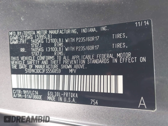 2015 Toyota Sienna XLE with VIN 5TDYK3DC3FS556859, listed as a IAAI auction lot 42161107 with 200,502 mi miles and . Bid and sale history available at DreamBid. Image 9.