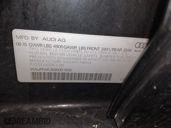 2016 Audi A4 Premium Plus with VIN WAUFFAFL8GN001830, listed as a IAAI auction lot 41863461 with 121,003 mi miles. Bid and sale history available at carsss.com. Image 9.