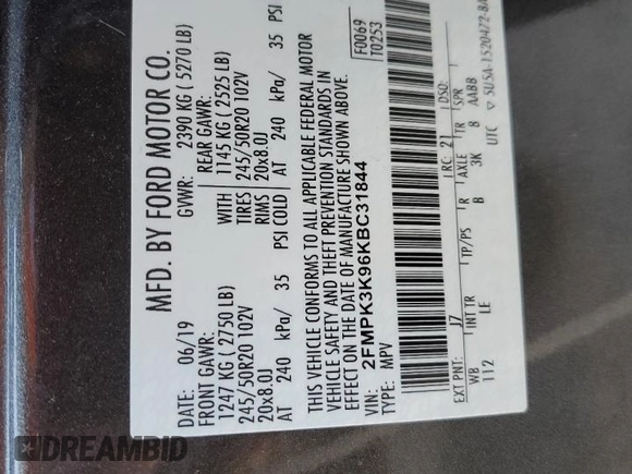 2019 Ford Edge Titanium z VIN 2FMPK3K96KBC31844, wystawiony jako Copart lot #85897344 z przebiegiem 59 421 mil mil oraz Szkoda całkowita • Salvage title. Historia ofert i sprzedaży dostępna na DreamBid. Obrazek 13.