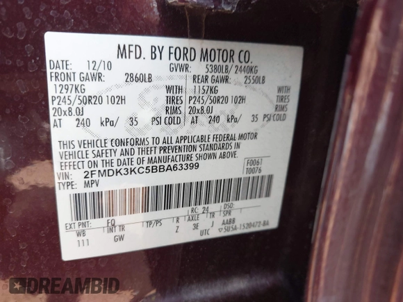 2011 Ford Edge Limited with VIN 2FMDK3KC5BBA63399, listed as a IAAI auction lot 42587844 with 188,148 mi miles and . Bid and sale history available at DreamBid. Image 9.