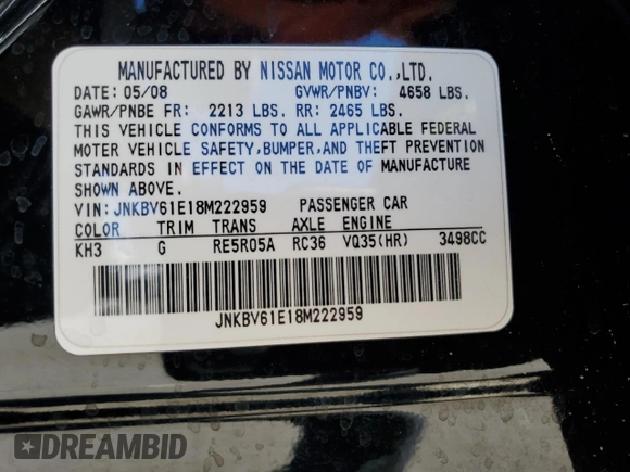 2008 Infiniti G35 Journey with VIN JNKBV61E18M222959, listed as a Copart auction lot 73049214 with 182,244 mi miles and Salvage Title. Bid and sale history available at DreamBid. Image 15.