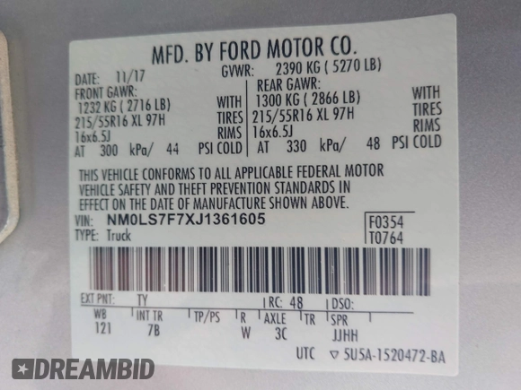 2018 Ford Transit Connect XLT with VIN NM0LS7F7XJ1361605, listed as a IAAI auction lot 42522183 with 181,426 mi miles and . Bid and sale history available at DreamBid. Image 9.