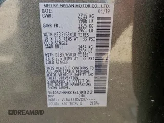 2019 Nissan Pathfinder SV with VIN 5N1DR2MN4KC619822, listed as a Copart auction lot 61045755 with 76,405 mi miles and Salvage title. Bid and sale history available at DreamBid. Image 13.
