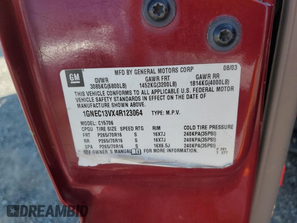 2004 Chevrolet Tahoe LS with VIN 1GNEC13VX4R123064, listed as a Copart auction lot 59442445 with 384,621 mi miles and Salvage title. Bid and sale history available at DreamBid. Image 13.