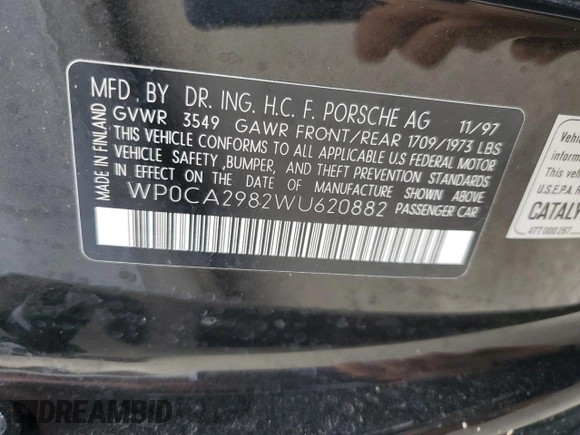 1998 Porsche Boxster с VIN WP0CA2982WU620882, выставлен на аукционе Copart как лот 50950515 с пробегом Не указан миль и Списание • Salvage title. История ставок и продаж доступна на DreamBid. Изображение 12.