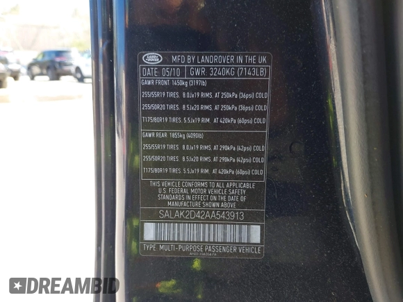 2010 Land Rover LR4 Lux with VIN SALAK2D42AA543913, listed as a IAAI auction lot 42039979 with 108,789 mi miles and . Bid and sale history available at DreamBid. Image 9.