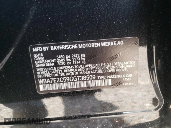 2016 BMW 7 Series 740i with VIN WBA7E2C59GG738509, listed as a Copart auction lot 52097993 with 0 mi miles. Bid and sale history available at carsss.com. Image 13.
