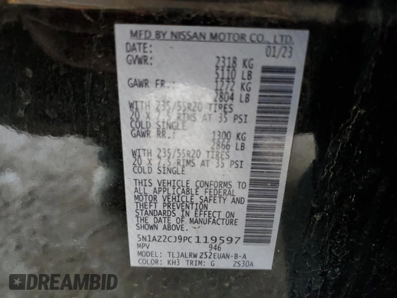 2023 Nissan Murano SL z VIN 5N1AZ2CJ9PC119597, wystawiony jako Copart lot #59550485 z przebiegiem 52 057 mil mil oraz Nie do naprawy • Non repairable. Historia ofert i sprzedaży dostępna na DreamBid. Obrazek 12.