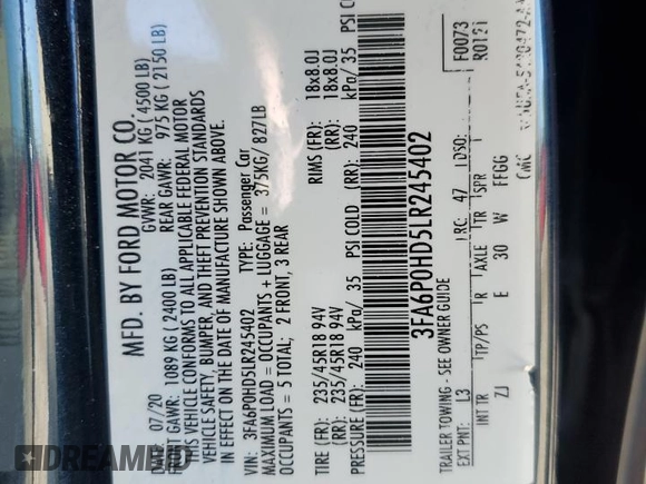 2020 Ford Fusion SE with VIN 3FA6P0HD5LR245402, listed as a Copart auction lot 55028135 with 51,332 mi miles and Salvage Title. Bid and sale history available at DreamBid. Image 13.